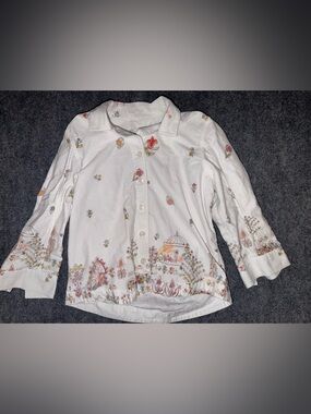Christopher & Banks White Button-Down Shirt with Floral & Garden Print cottage